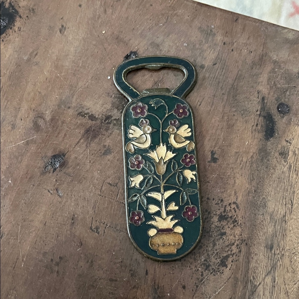 vintage bronze MCM Greek cloisonné and enamel bronze bottle opener birds flower